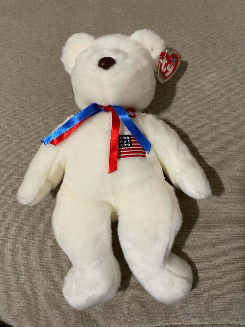 Ty Beanie Baby America the Bear White Plush with American Flag - Larger Bear not